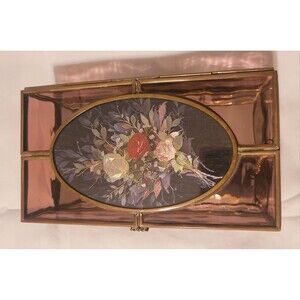 VTG Via Vermont Brass & Rose Floral Etched Glass Mirrored Jewelry Box